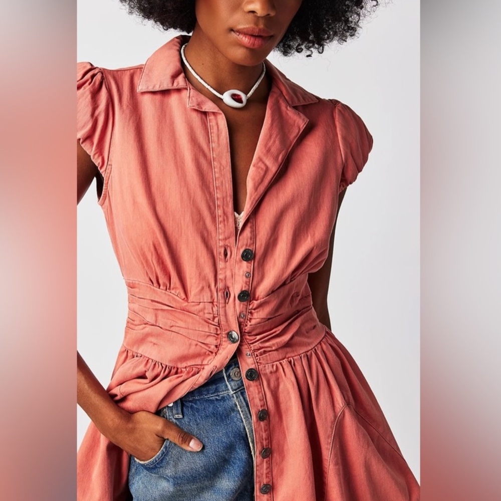FREE PEOPLE Denim Boho Mini Shirt Dress M Fit & Flare Summer Festival Beach - Picture 3 of 16